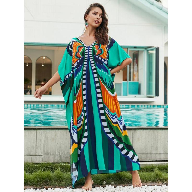All Over Batwing Sleeve V Neck Maxi Dress,  Moo Moo Dress Summer Designer Clothes, Womenswear Boho Comfort Womenswear Half Sleeve Kaftan for Lady, Holiday Dresses, Clothing for Casual Wear Back To School Moo Moo Dresses