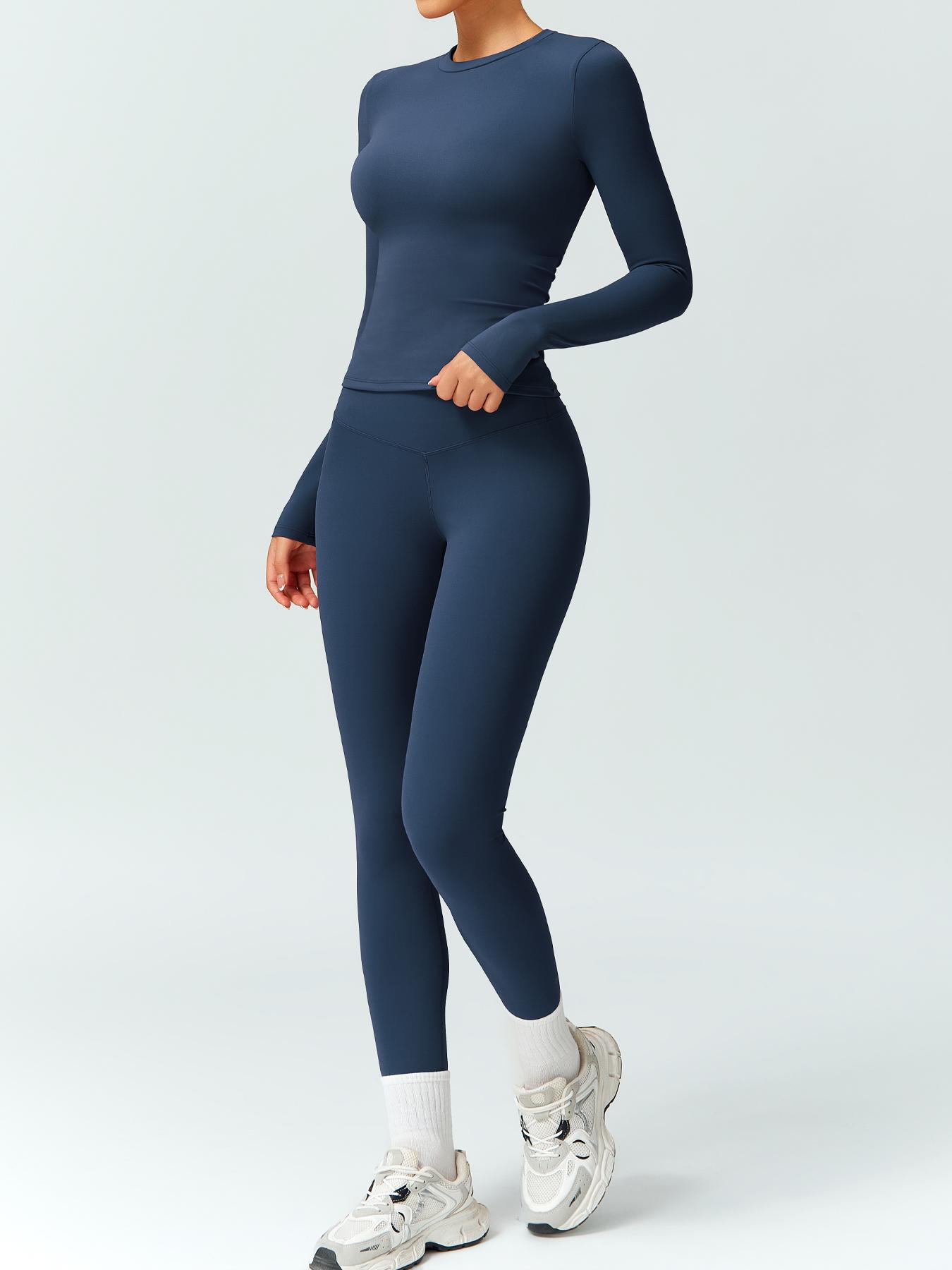 Women's Solid Color Long Sleeve Tee & High Waist Leggings Workout Set, Sporty Comfy Breathable Outfits for Gym Running, Workout Running Clothes, Ladies Fall & Winter Sportswear