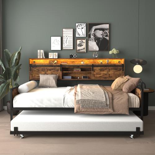 [Bellemave]Twin Daybed with Trundle, Farmhouse Daybed Frame with Sliding Barn Door Headboard and Charging Station & LED Light for Bedroom and Guest Room, White