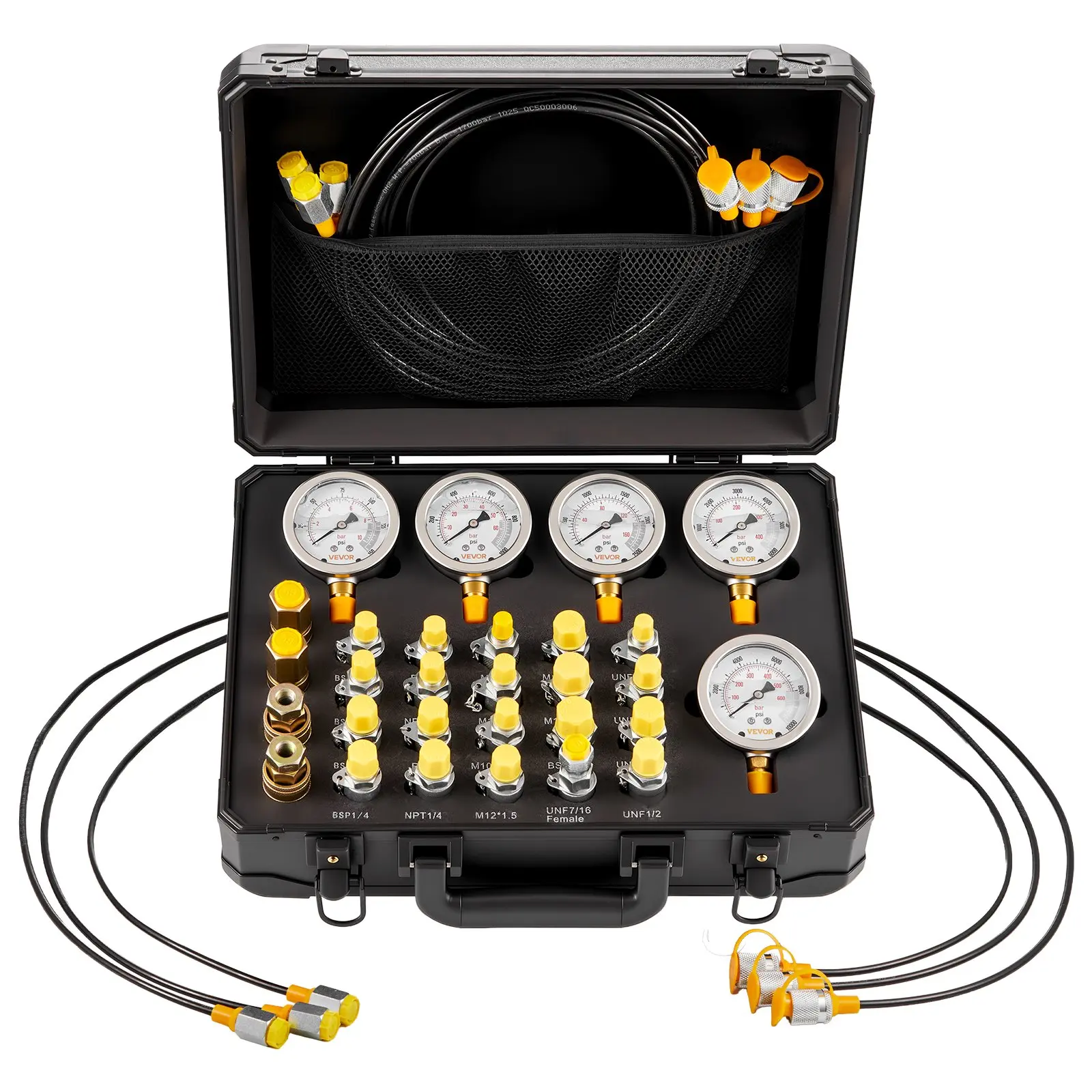 VEVOR Hydraulic Pressure Test Kit, Industrial Tool Kits with 5 Gauges (150/900/2300/6000/9000 PSI, 10/60/160/400/600 Bar), 20 Couplings, 4 Quick-Release Couplers, 3 Hoses for Excavator Construction Machinery