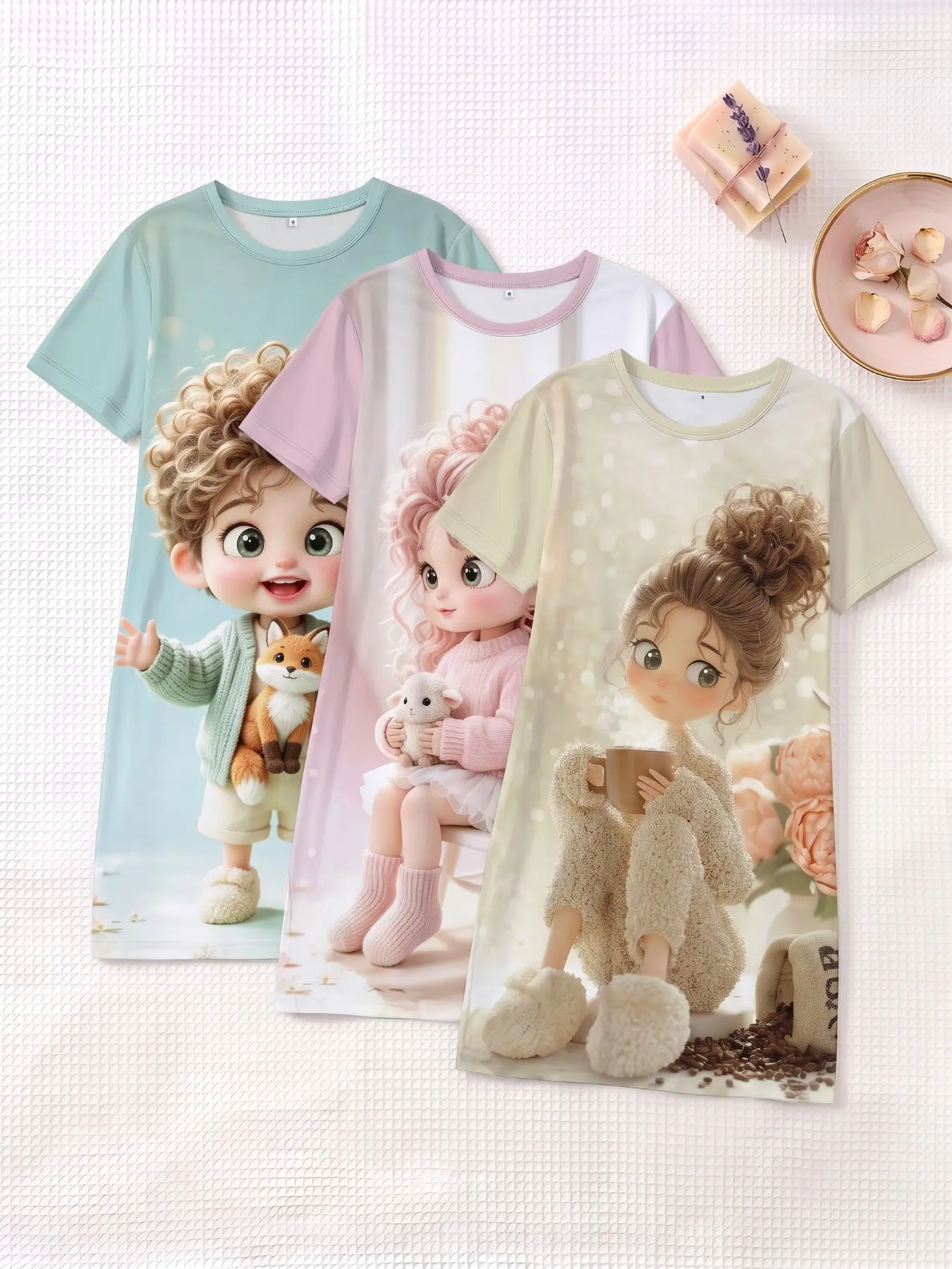 3-Pack Women's Nightdresses, Round Neck Short Sleeve, All-Season Comfortable Breathable, Cute Cartoon Print, Casual Home Wear