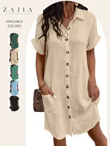 Women’s Casual Button Down Shirt Dress, Lightweight Cotton Gauze Mini Dress with Pockets, Loose Fit Summer Dress for Vacation, Beach, Travel