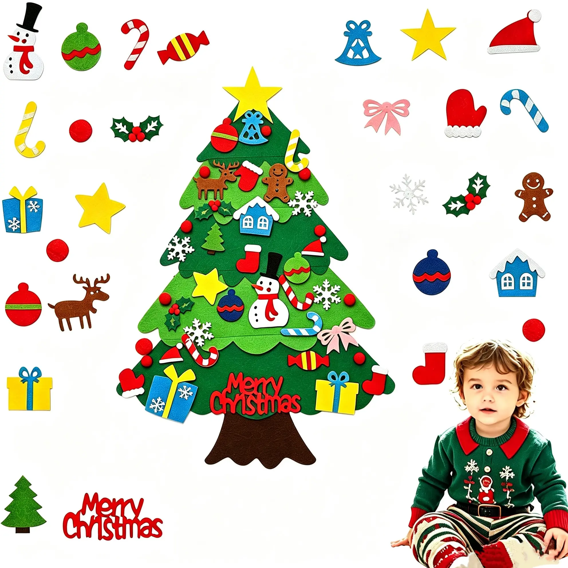 DIY Felt Christmas Wall Tree, 32 Pcs Detachable Ornament Set, Fun Hanging Christmas Wall Decor, Perfect DIY Holiday Craft for All Ages