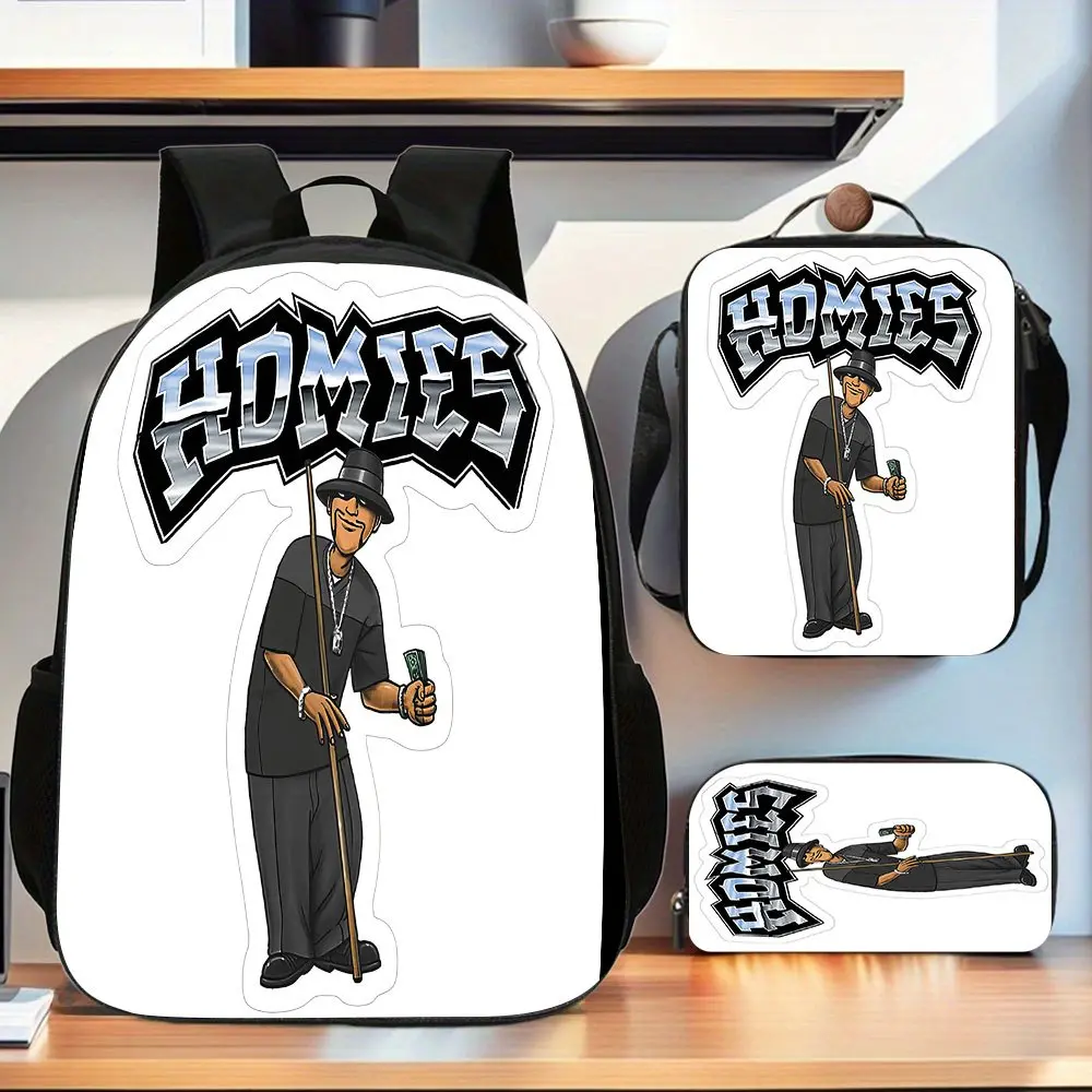 Homies Chicano-style street character three-piece backpack set with a pure white background, including a backpack, insulated lunch bag, and stationery storage bag, suitable for daily use by teenagers
