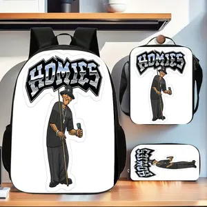 Homies Chicano-style street character three-piece backpack set with a pure white background, including a backpack, insulated lunch bag, and stationery storage bag, suitable for daily use by teenagers