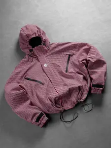2026 New Arrival Men Vintage Tiny Plaid Techwear Windbreaker Hoodie Jacket Full Check Print Drawstring Hood Hem Magic Tape Cuff Water Resistant Short Loose Outerwear Red Brown Black White Multi Colors City Camping Daily Spring Fall Casual Street Outfit