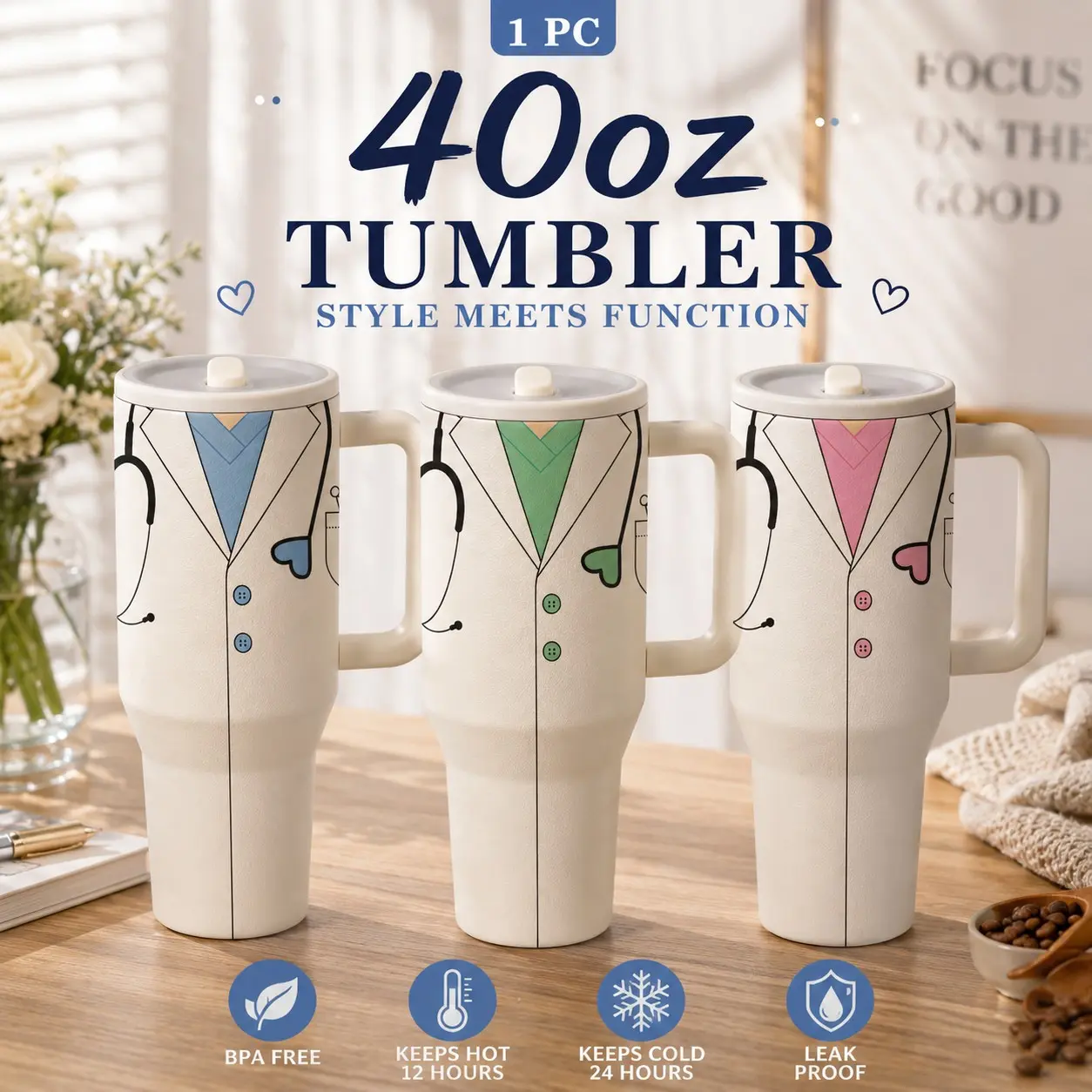1 Pc 40oz Medical Worker Insulated Tumbler, Stainless Steel, Double Wall, Leak-Proof, Keeps Hot for 12hrs, Keeps Cold for 24hrs, Perfect for Daily Use, Hospital, Office, Travel, Durable, Ideal Gift for Doctors, Nurses, Medical Staff, Holidays