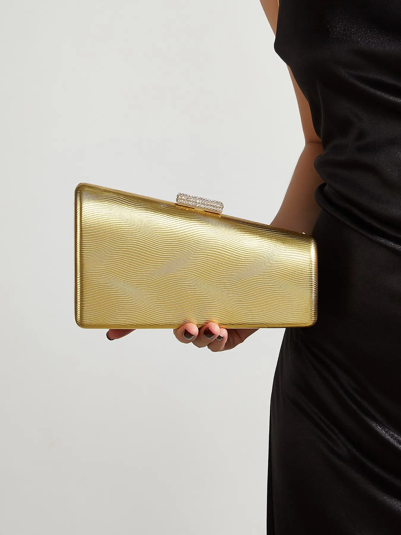 Wave Textured Metal Clutch, High Gloss Water Ripple Evening Bag, Sparkly Rhinestone Lock Hard Case Purse with Chain