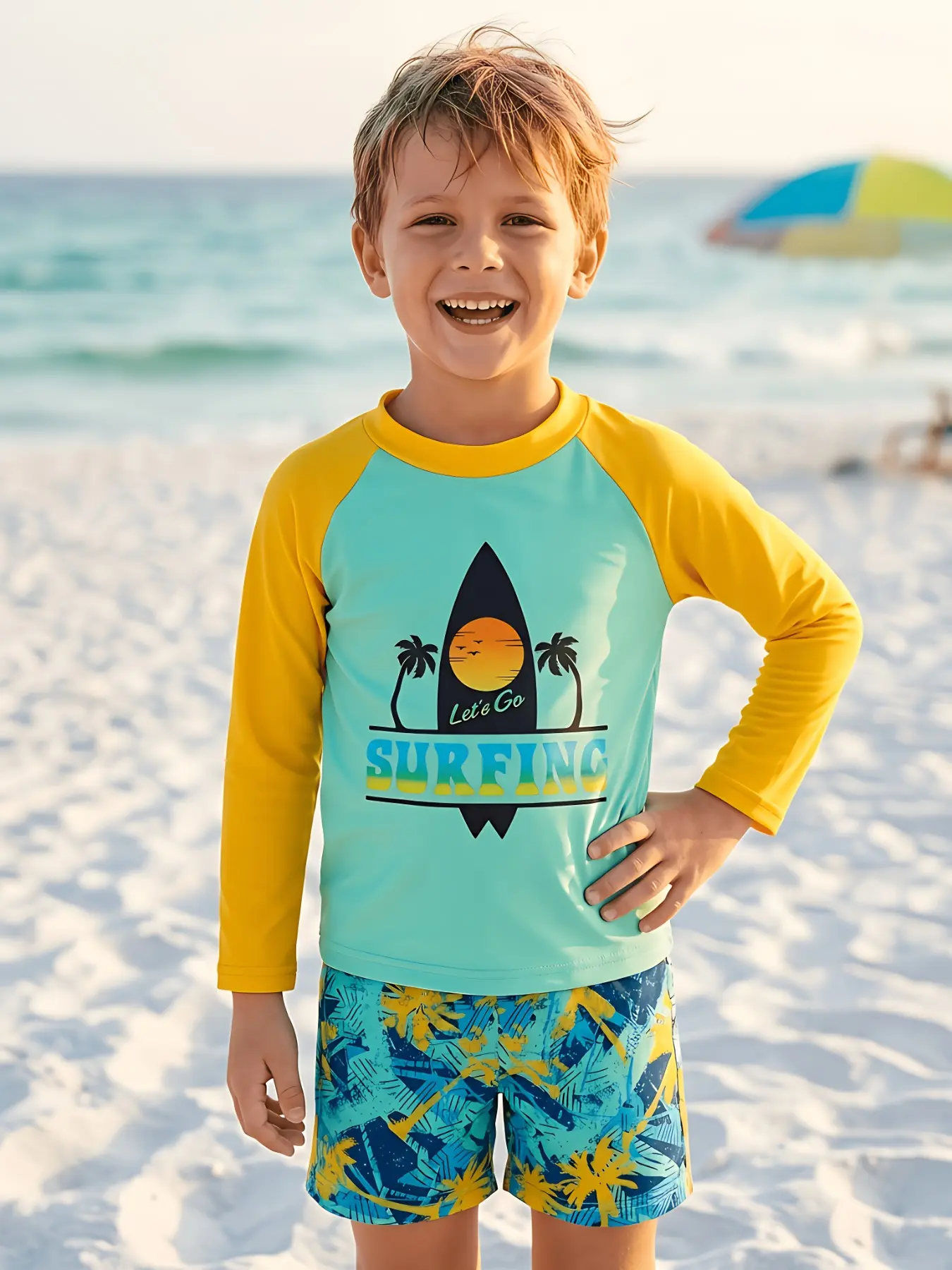 Lime Yellow Raglan Surf Board Boys Rash Guard Palm Printed Swim Shorts Set Water Resistant Stretch Bathing Suit Outdoor Surf Pool Wear Trending Summer Vacation Boys Matching Swim Outfit