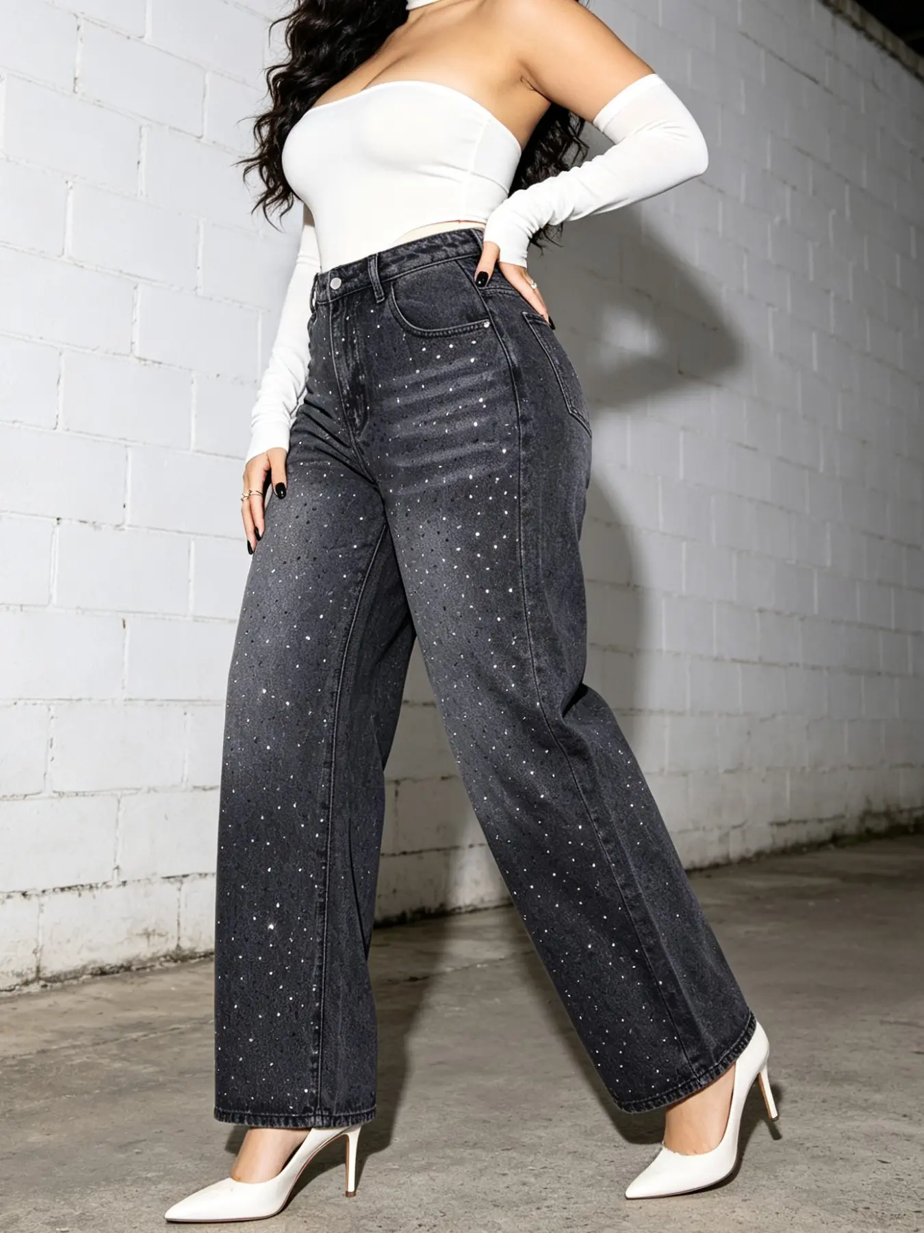 Vintage Sexy Fitted Washed Wide Leg Jeans, Rhinestone Embellished Shimmer Effect, Women's Fall Fashion, Stylish and Trendy