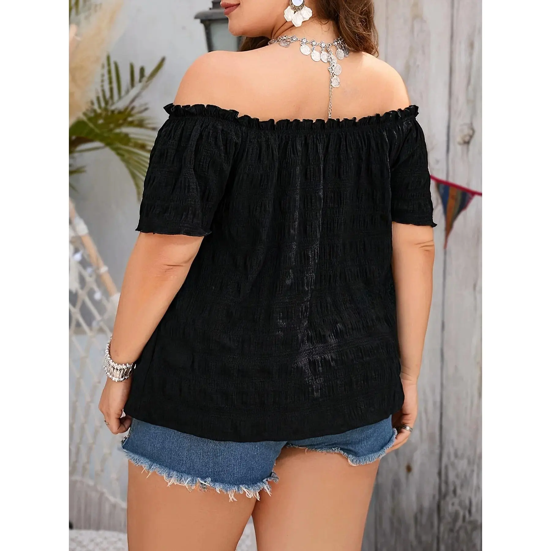 Solid Color Shirt with Wood Grain Edges One Shoulder Loose Casual Texture Loose Casual Shirt