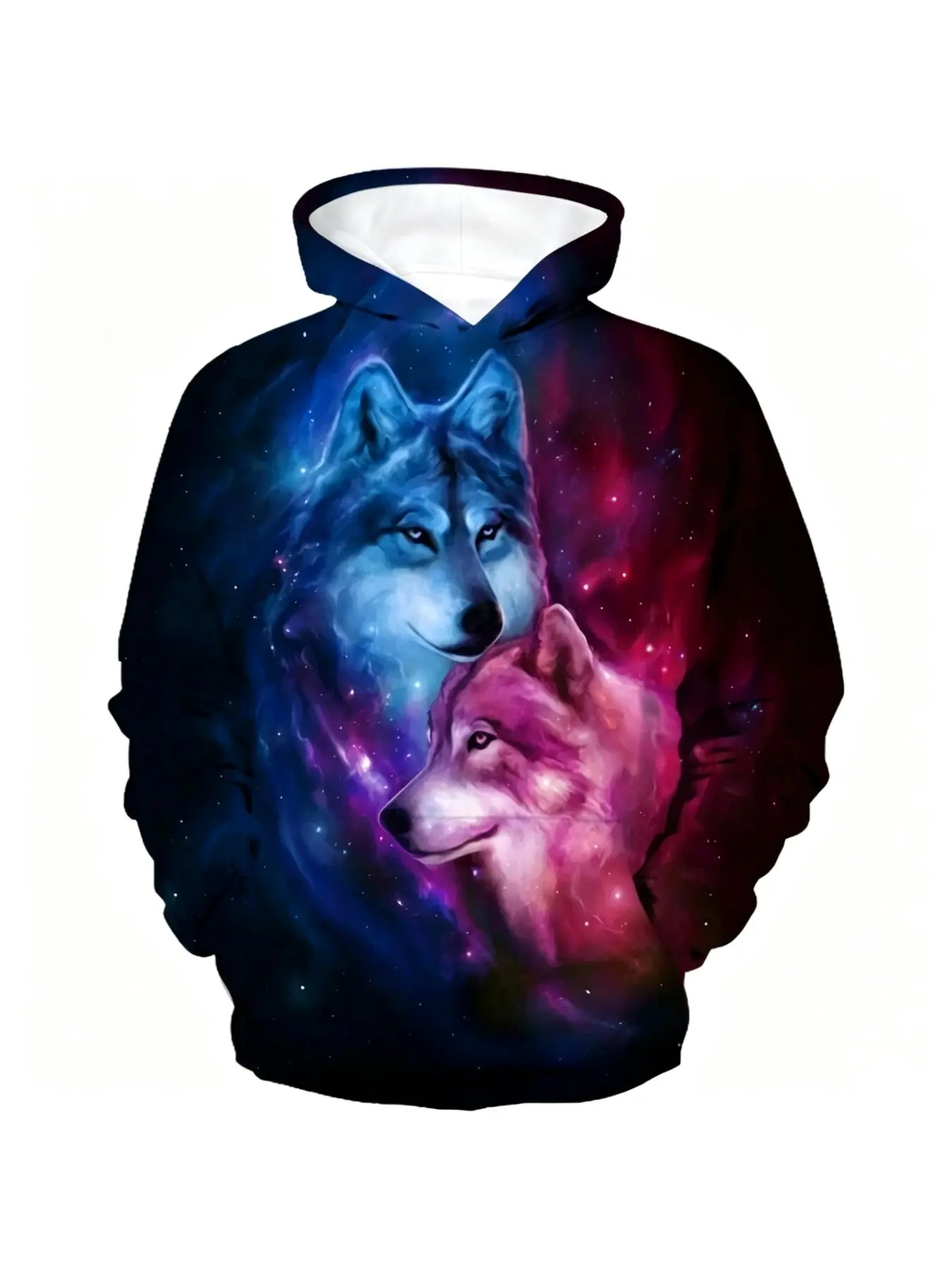 Starry Wolf Blue Nebula Print Hoodie, Bold Animal Art Streetwear Top, Comfortable Breathable Fabric, Fall Casual Sweatshirt, Casual Hooded Sweatshirts