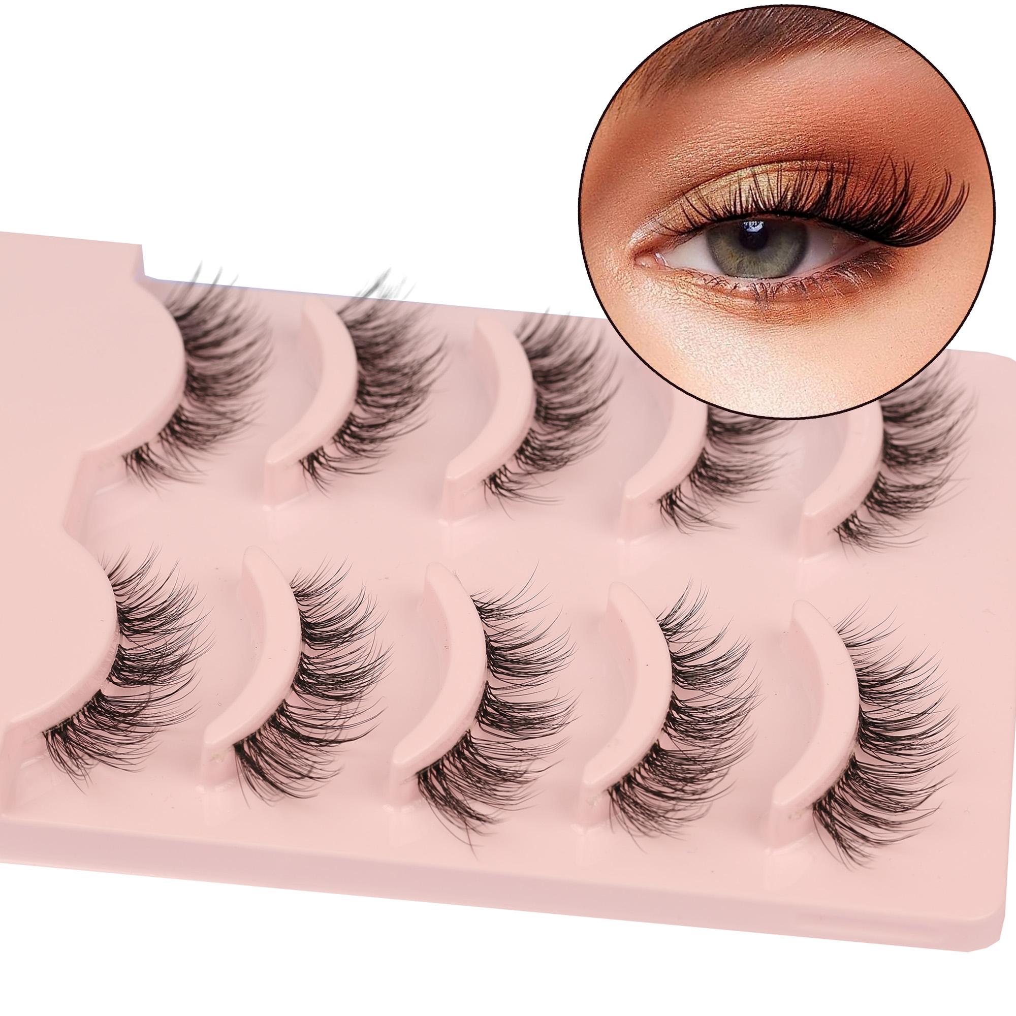 Lightweight Cat Eye Flare Lashes, 5 Pairs Transparent Stem Wispy Natural Curling Eye Makeup Strip Lashes, Volumized False Eyelashes