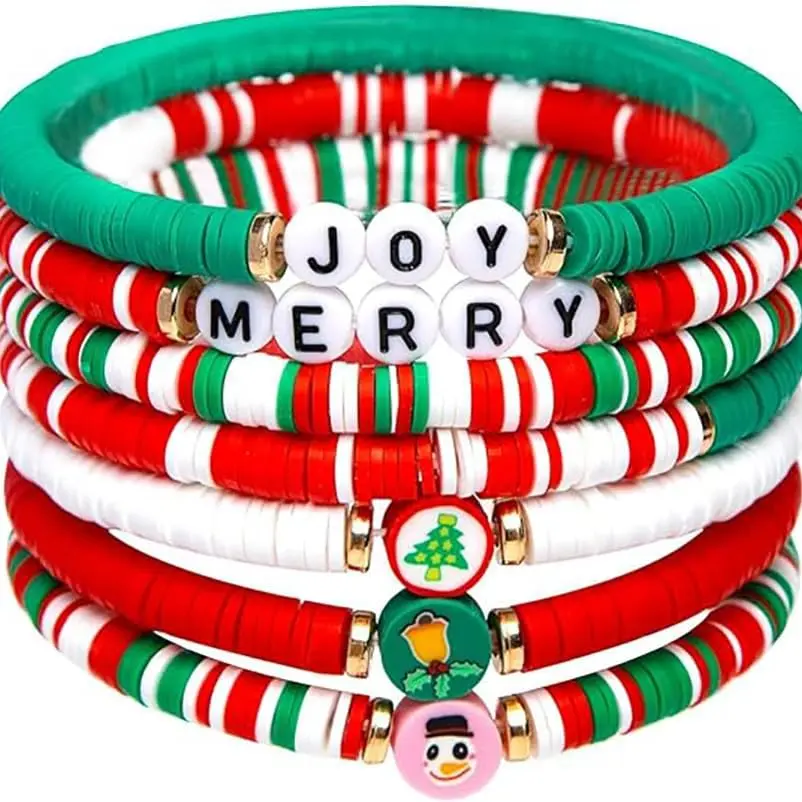 Christmas Beaded Stretch Bracelets Stackable Polymer Clay Disc Beads Bracelets Heishi Surfer Perppy Adjustable Bracelets