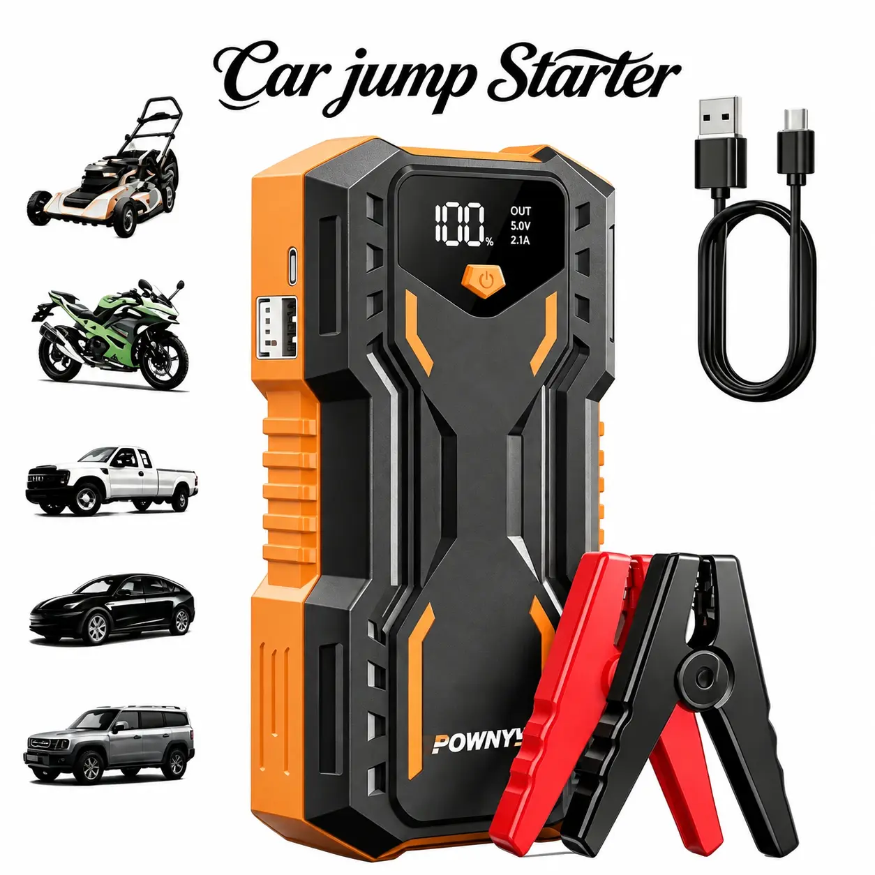 POWNYM 6000A current peak Battery Jump Starter ,6000mAh battery Charger, 12V Emergency Jump Starter for Car, SUVs , with Power Management IC Power Indicator Built-in LCD Display , LED Flashlight