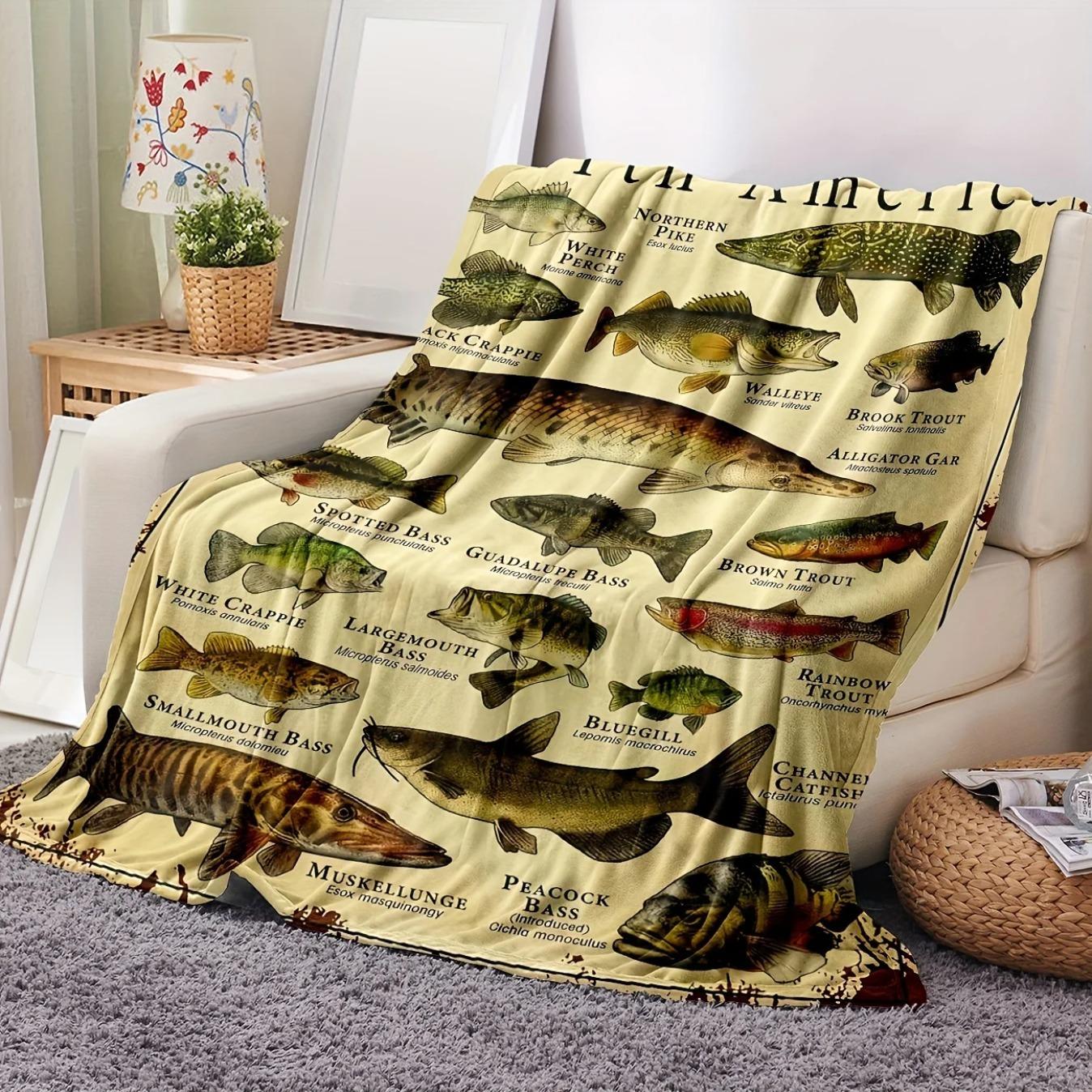 Sport Fish Print Flannel Throw Blanket Super Soft Cozy Fishing Blanket Warm Plush Nap Blanket for Bed Sofa Office Travel Machine Washable Home Gift