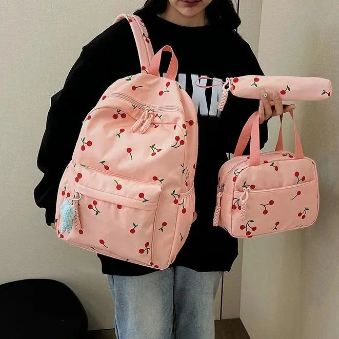 3pcs Set Cherry-Print Backpack Makeup Bag Pencil Case School Bag Girls Cute Backpack Travel School Backpack