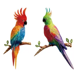 2 Piece Metal Colorful Parrot Statue Decor, Artistic Animal Theme, Garden Outdoor Decoration, Various Room Types, Outdoor Parrot Tree Stake Decor