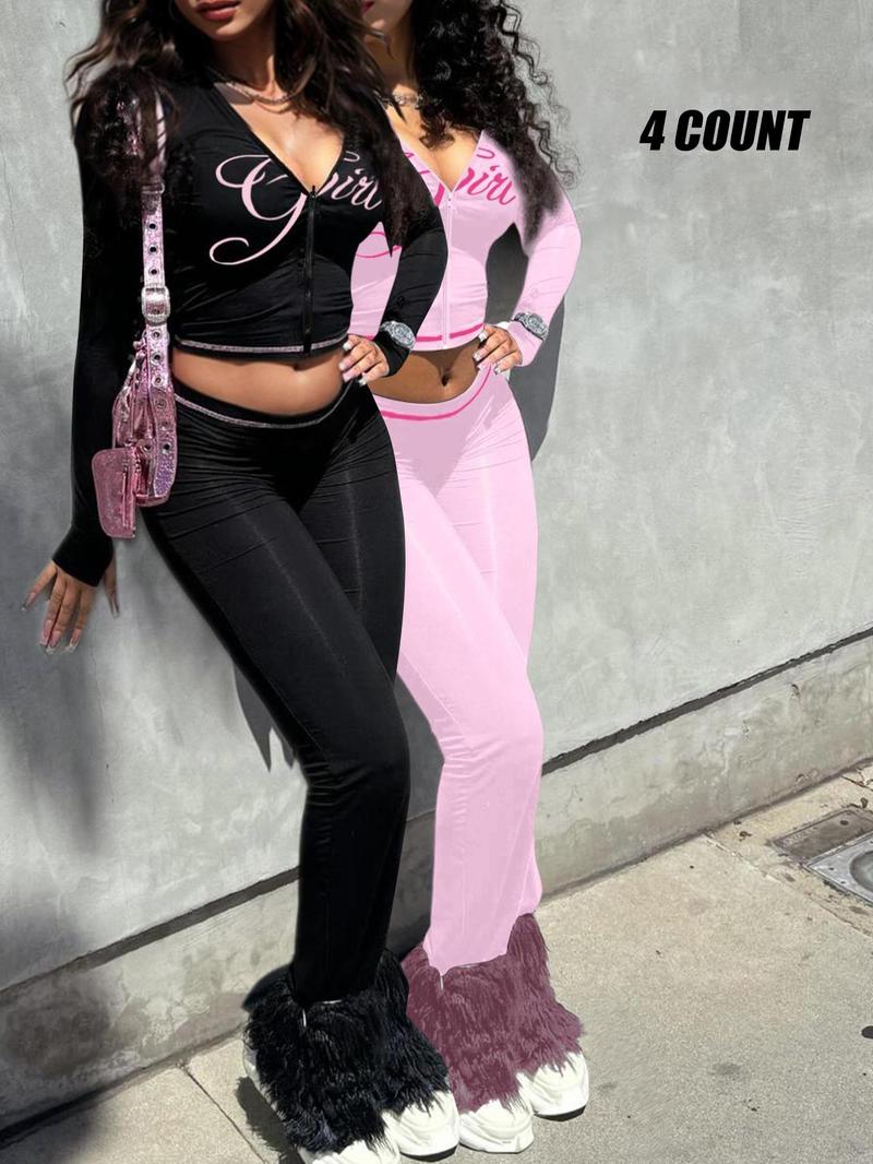 【LovelyWholesale】Two-piece Set Women's Colorblock Letter Print Zip Up Crop Jacket & High Waist Flare Leg Pants, Casual Fashion Cozy Breathable Outfits for Yoga Gym Workout, Ladies Sportswear for Fall