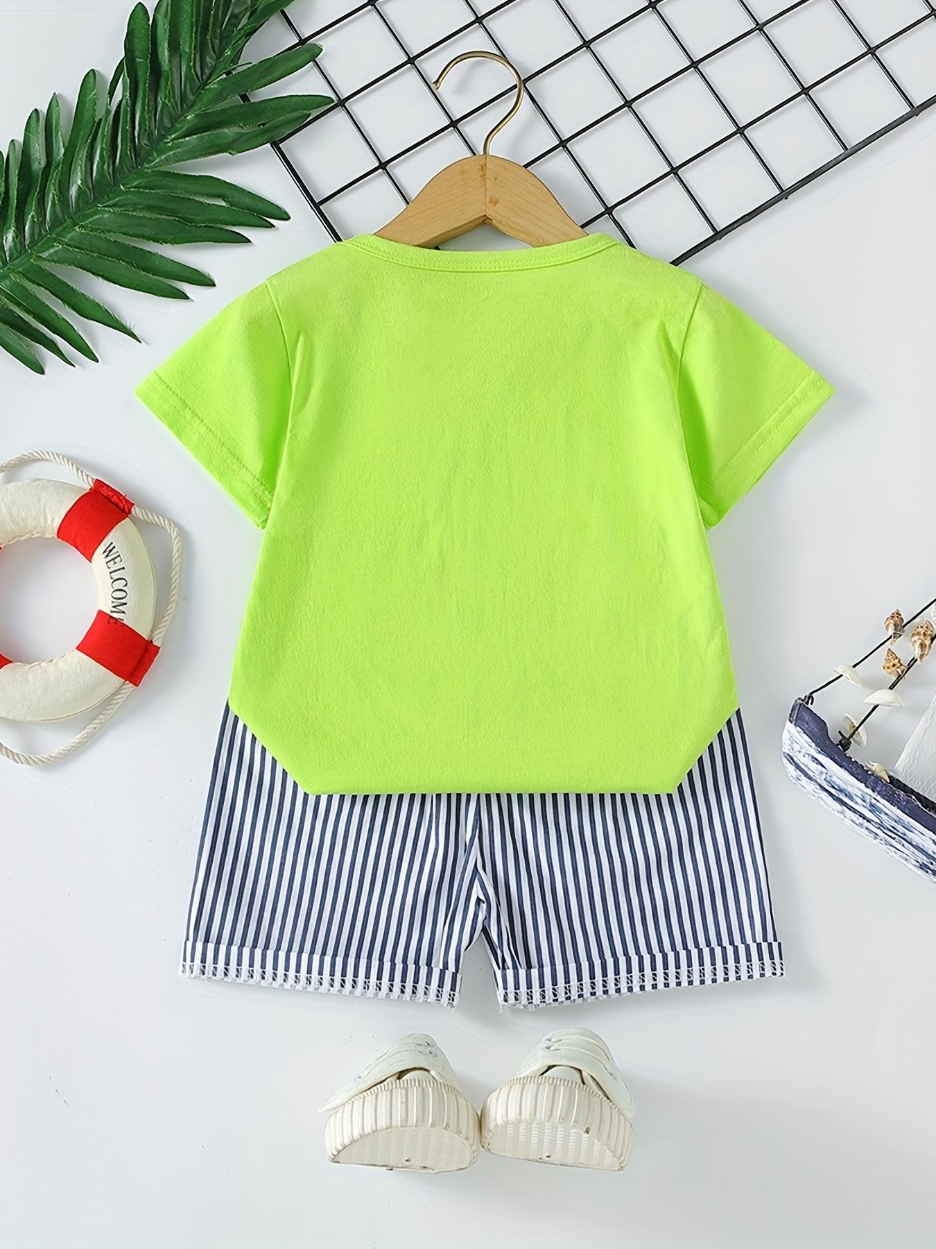 Boys' Casual Summer Outfit - Cute Cartoon Design with Whale & Hot Dog Graphic - Short Sleeve T-Shirt & Whale Shorts Set - Blue & White Striped Pattern - Regular Fit for Casual Attire - Boy Shorts - Everyday Kids Clothing - Playful Kids Fashion -