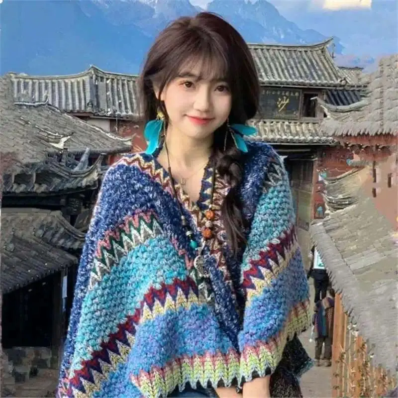 Knitted Shawl Women's Outerwear Ethnic Style Vintage Cowl Neck Wrap Fringed Holiday Fashion Spring Season Warmth Lengthened W...