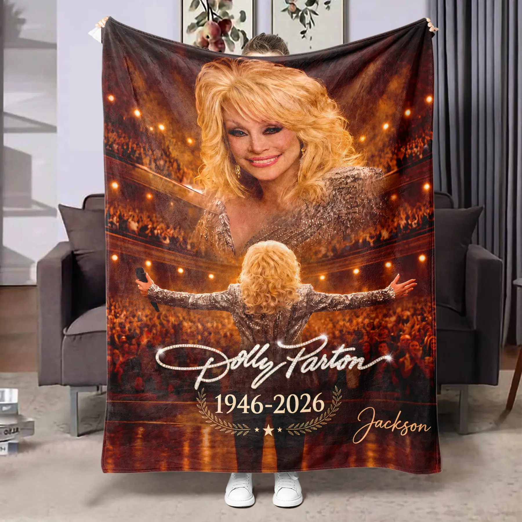 Warm-Gold Concert Stage Themed Fleece Blanket, Full-Printed Singer Portraits, Sparkle Sequin, Microphone, Theater Audience, Soft & Warm, Graphic Blankets