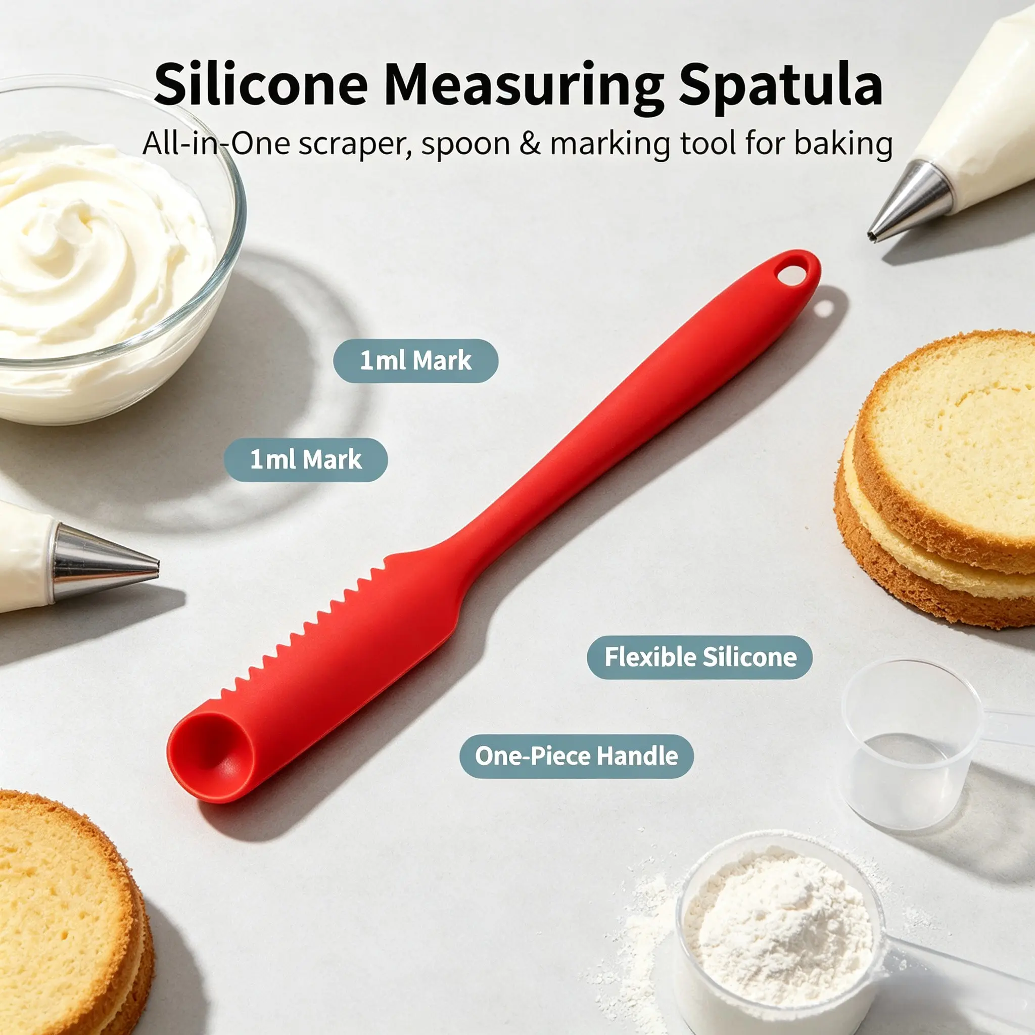 Long Handle Silicone Scraper with Measurement Marks and Notched Edge, Ideal for Baking Tools, Perfect for Pastry Making