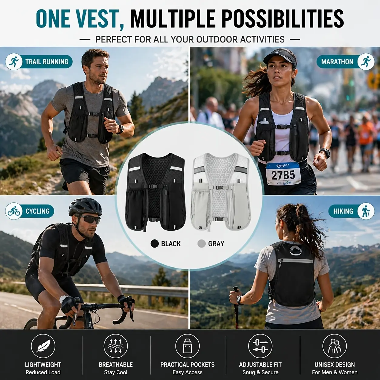 Unisex Lightweight (120g) Running and Hiking Vest with Adjustable Straps, Reflective Details, Phone Holder, and Stash Pocket, Running Vest, Outdoor Activities, Marathon, One Vest
