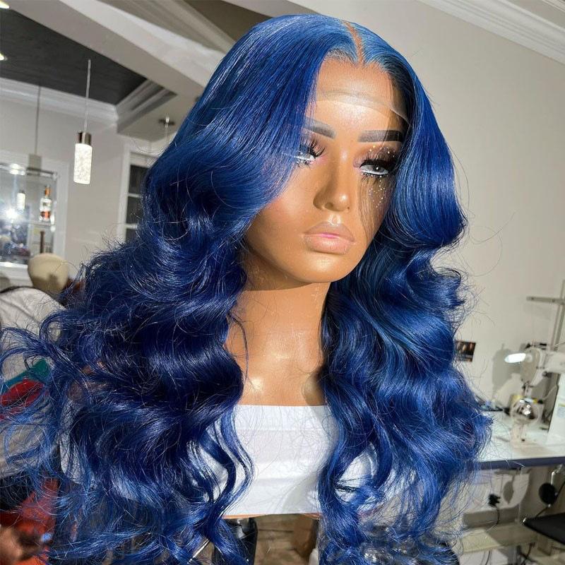 2026 Wig with middle parting, blue large wavy long curly hair, rose net cap