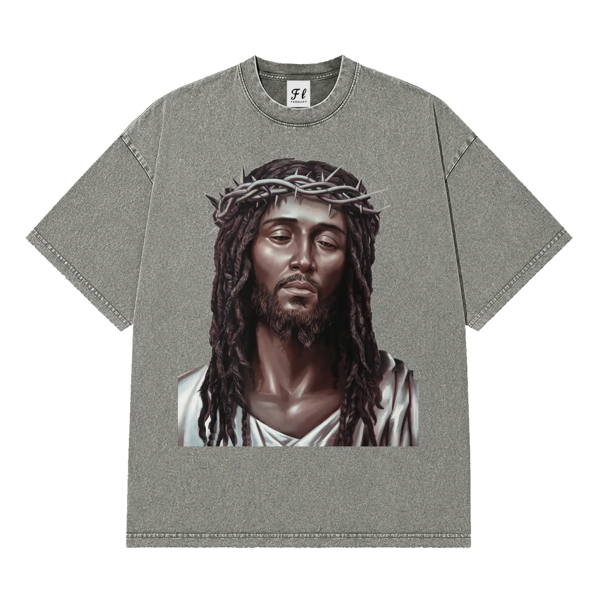 Jesus Portrait Christian Unisex Washed T-Shirt, Y2K Black Jesus With Crown Of Thorns Graphic Jesus T-shirt, Christian Apparel Streetwear, Bible Verse Tee, Jesus Apparel Faith Based Shirt Oversized Fit Cotton Tee, Trendy Vintage Top for Daily Wear