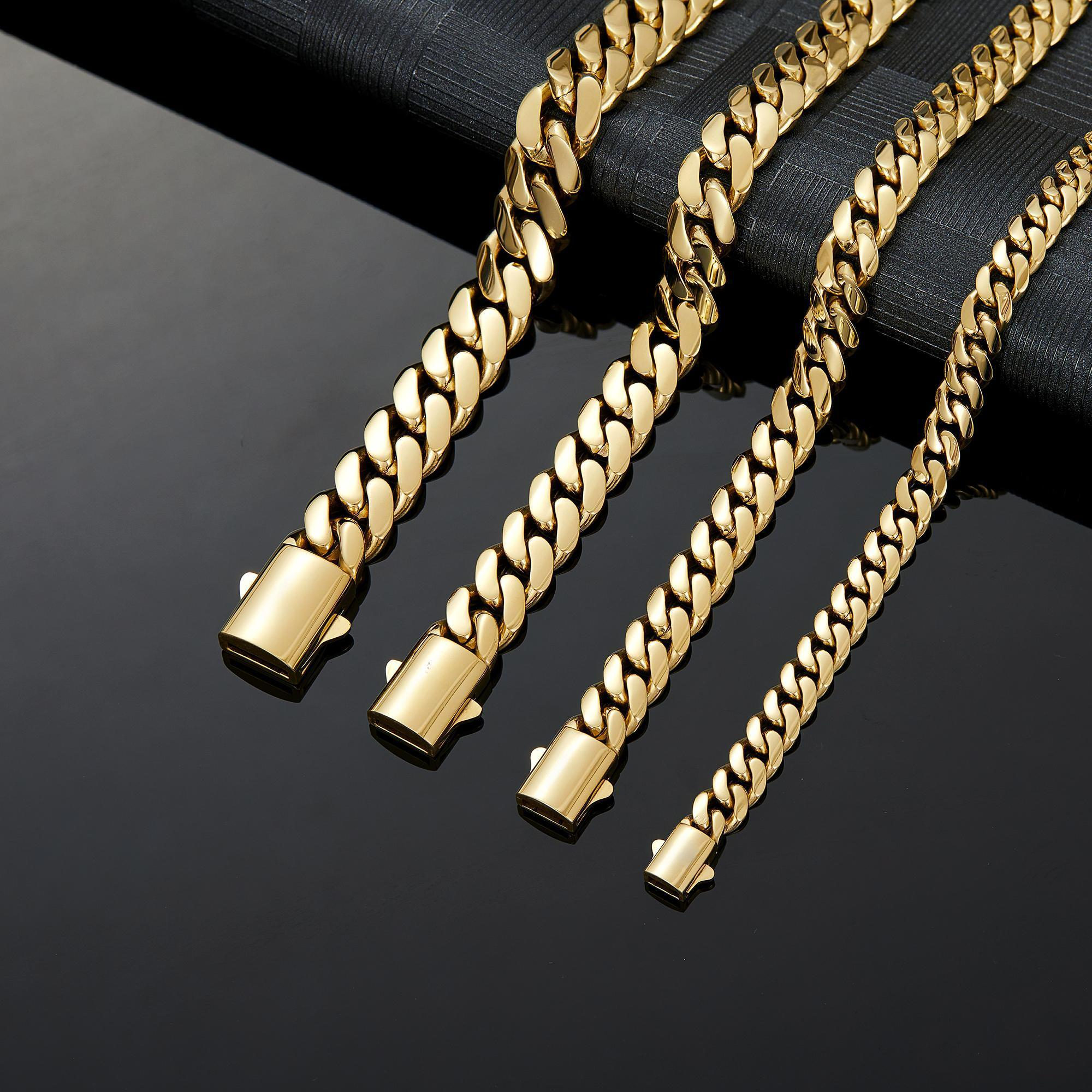 【Set】14K Gold-Plated Cuban Necklace Bracelet Set Miami Hip-Hop Style 6mm-14mm Sizes Waterproof Non-Allergic Gift for Men Women Couples Valentine's Day