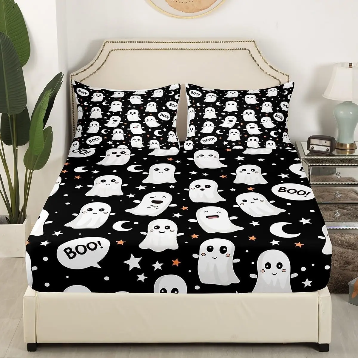 Base Cartoon Cute Ghost Full Cover Bed Sheet Set, 27cm Deep Pocket, Halloween Mattress Protector, Boo Stars Moon Design