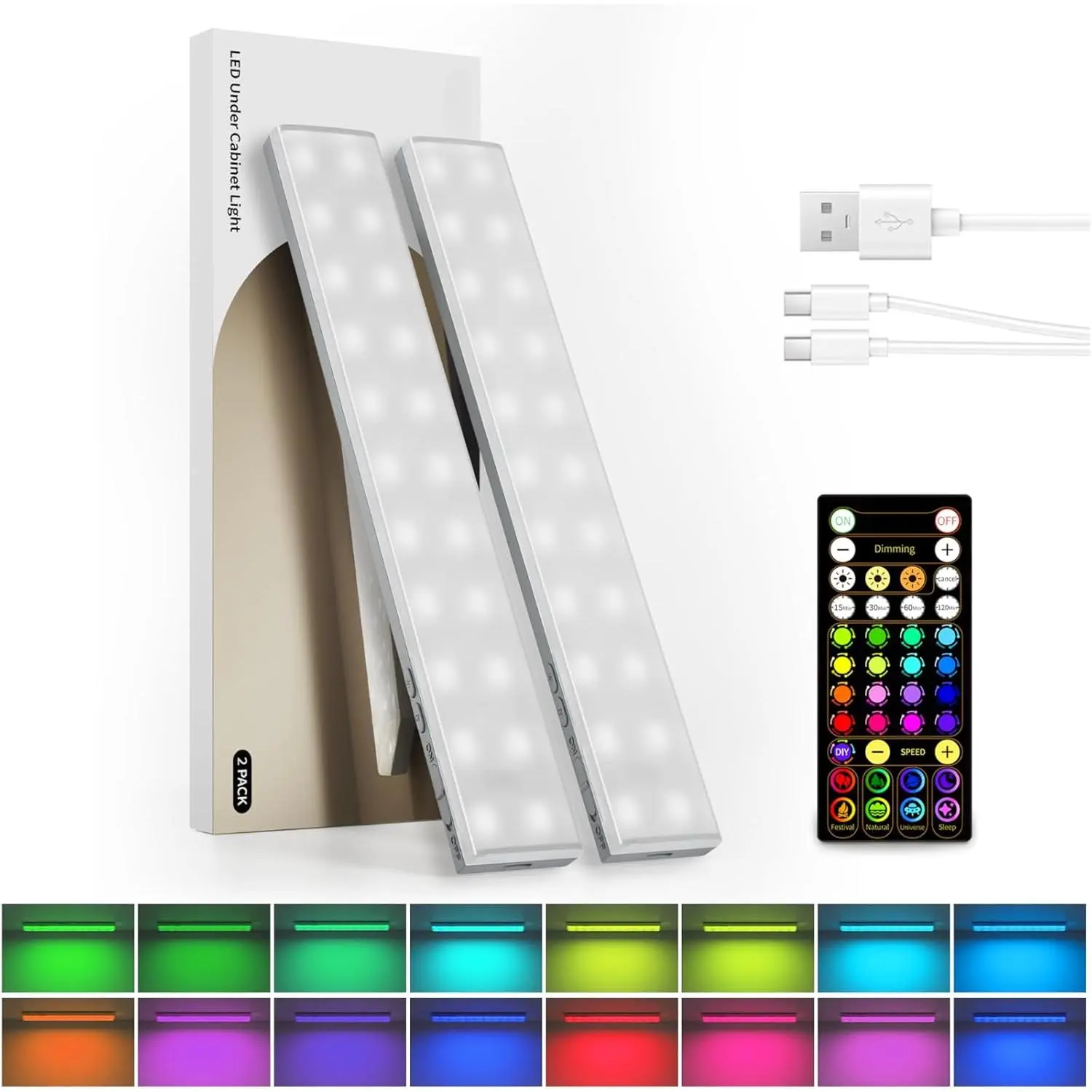 1800mAh Rechargeable Under Cabinet Lighting, Wireless, Magnetic Battery Operated Light Bars, 80 Color Changing, Under-Counter Light Fixtures with Remote for Kitchen, Shelves, Home Bar, 2Pack