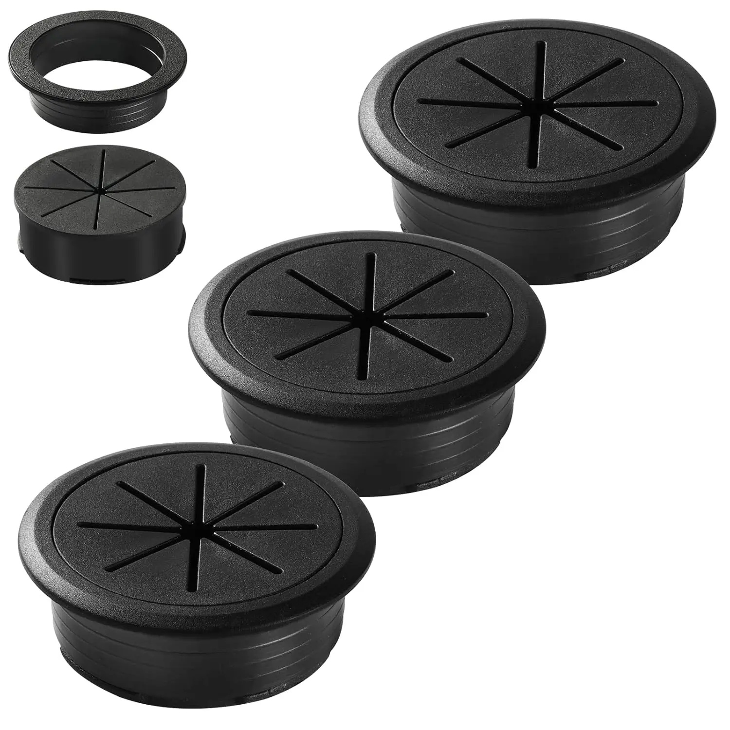 3-Count 2 Inch Diameter Synthetic Black Desk Grommets - 0.74 in Height ABS Plastic Cable Managers, Threaded Base, 1.57 in Through-Hole Countertop Hole Covers for Indoor Home Office Cables Wires, Home Offices