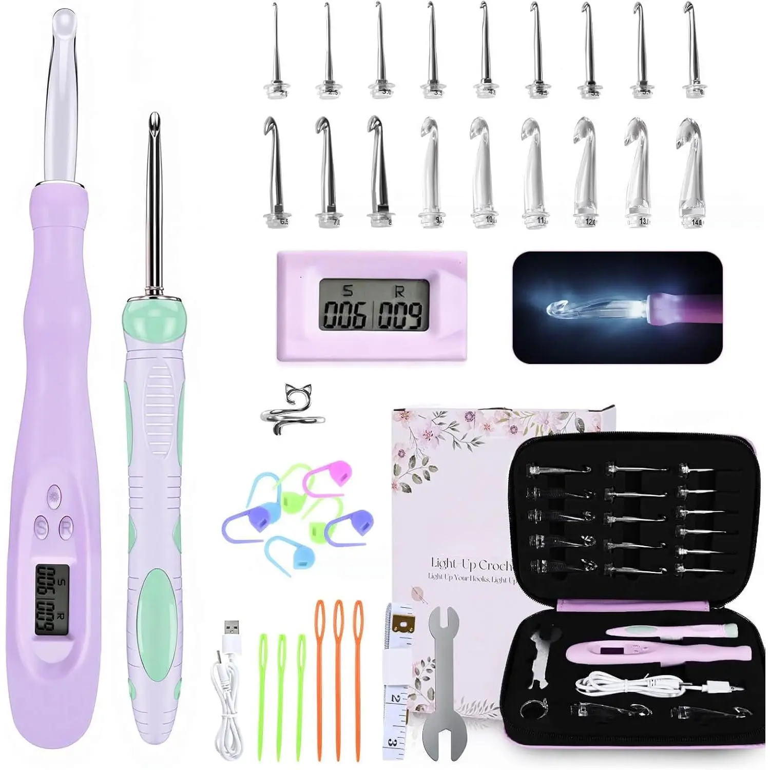 Light Up Crochet Hook Set, 18 Interchangeable Heads (2mm-14mm) | -in  & Row Counter, 2 Brightness Modes,  Grip, 7-9Hrs Runtime, Ideal  Box for Crafters