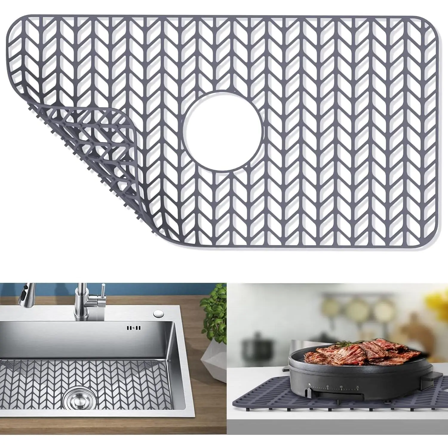 Silicone Protectors for Kitchen Sink, 26''x 14'' Sink Mat Grid for Bottom of Farmhouse Stainless Steel Porcelain with Center Drain (Grey)