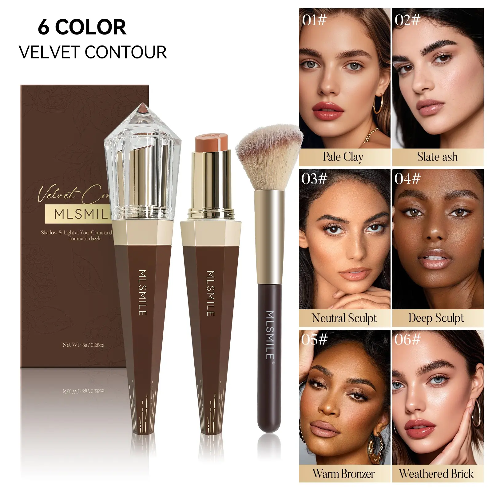 Velvet Cream Contour Stick Gift Box Set With Matching Blending Brush, Soft Cream Texture Melts Into Skin, Waterproof Sweat Resistant Non-Greasy, Buildable Shade For Natural Face Sculpting, Create Three Dimensional Facial Shadow