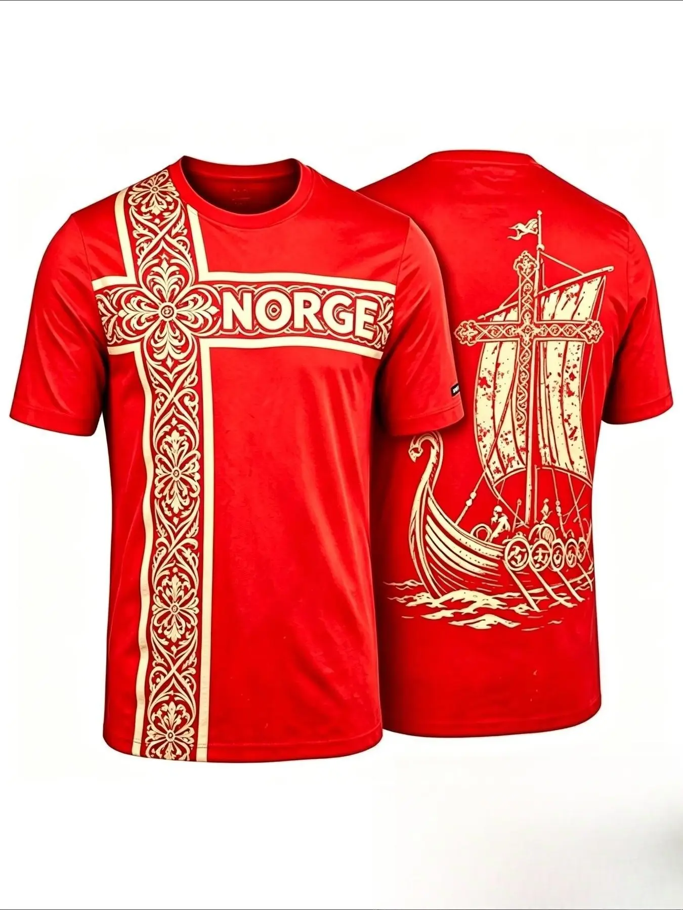 Men's Summer Short Sleeve T-Shirt, Viking Long Ship Floral Cross Pattern, Casual Loose-Fit Jersey, All Seasons Training Tee