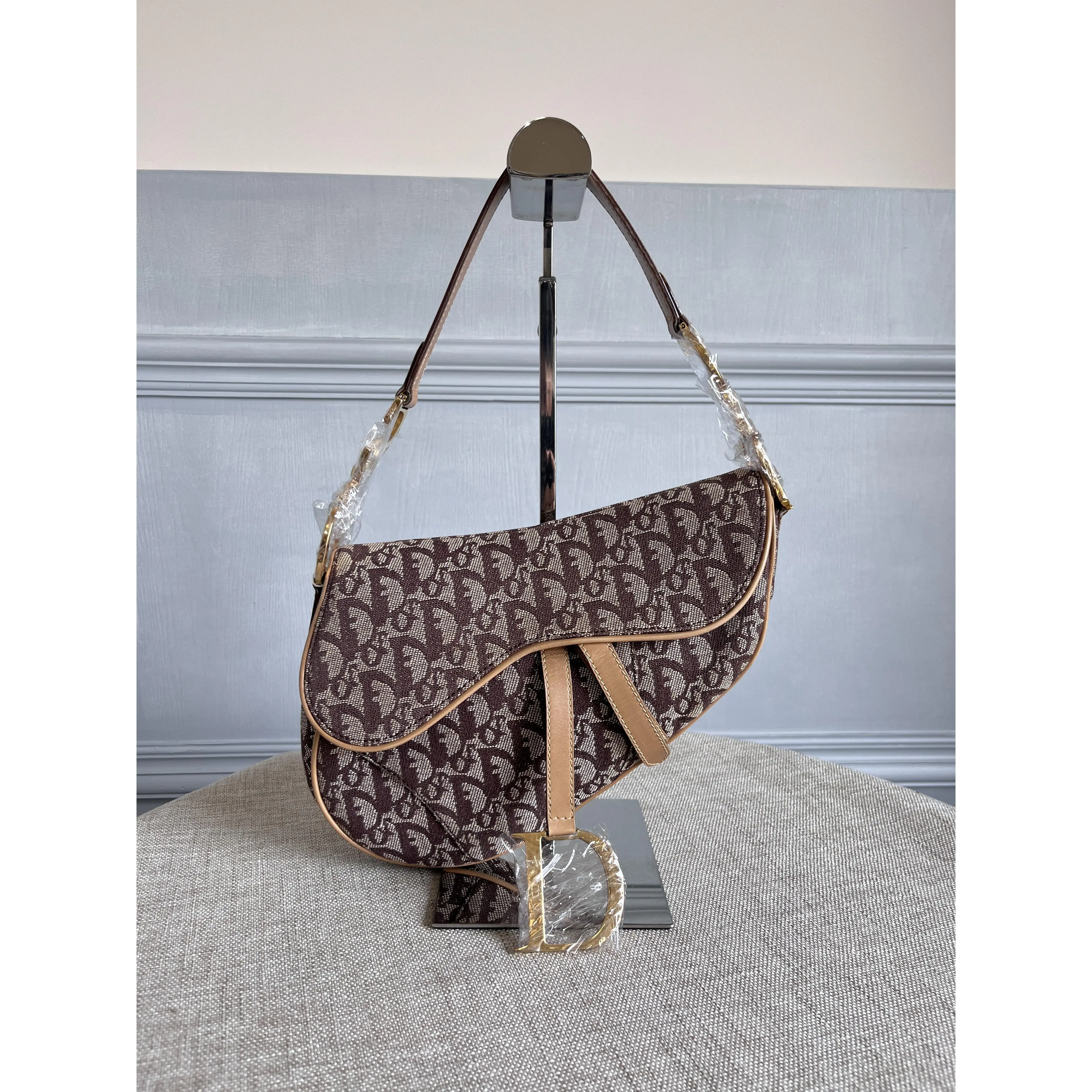 Pre-owned Dior intage Classic Saddle Bag Brown Oblique Monogram Canvas Leather Trim Gold Hardware Shoulder Purse