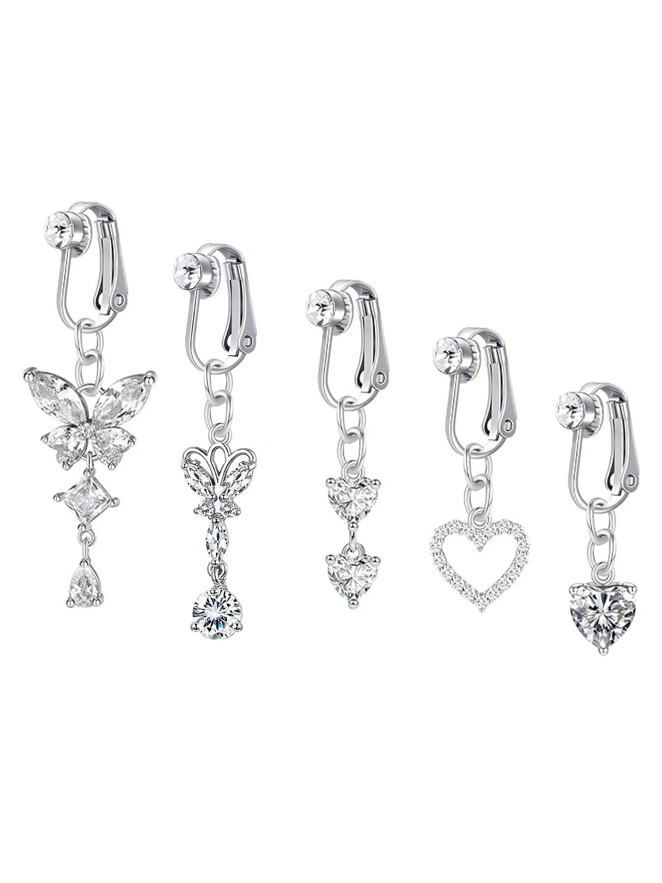 Rhinestone & Butterfly Decor Non-piercing Clip Belly Piercing Belly Button Rings, 5counts Belly Piercing Jewelry for Party, Daily Clothing Decor for Girl, As Birthday Gift for Back To School