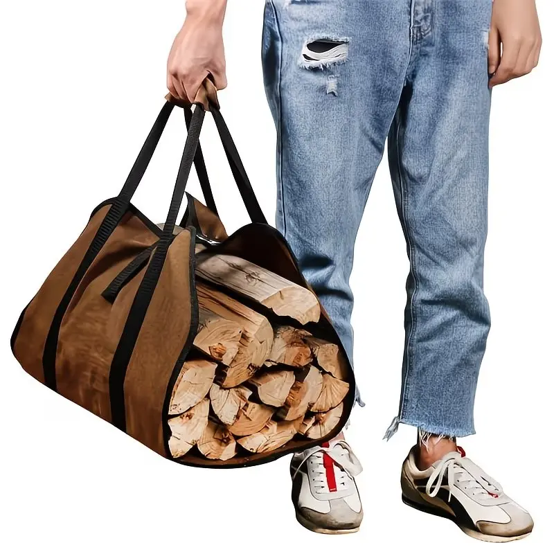 Heavy Duty Waterproof Canvas Firewood Tote Bag, Large Capacity Wear Resistant Log Storage Carrier, Portable Handheld Wood Bag For Camping Picnic Backyard Fire Pit Outdoor Use Camping Gear Camping Accessories
