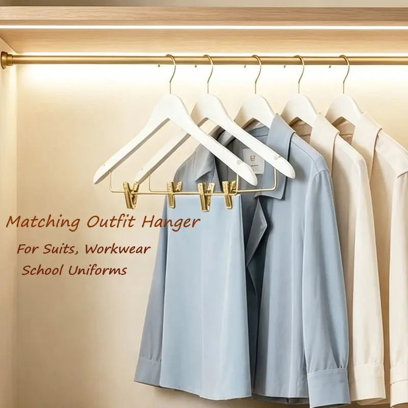 10-Pack Creamy Gold Wooden Hangers Set, Clothes Organizer with Clips, Ideal for Workwear and School Uniforms, Store Display Hanger