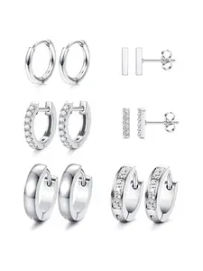 6 Pairs Silvery Huggie Hoop Bar Stud Earring Collection for Women Men Premium Surgical Steel Huggie Hoops Mini Bar Studs Brilliant Zirconia Delicate Stacked Ear Piercings Mixed Versatile Silhouettes Casual Street Elegant Outfits Practical Unisex Jewelry