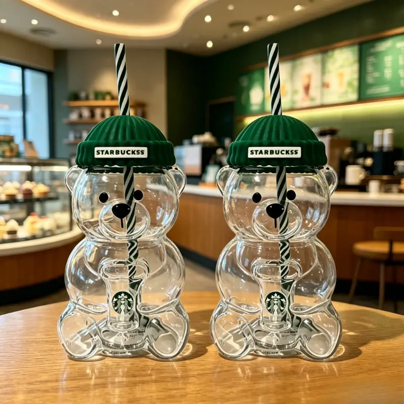 591ml Stylish Bear-Starbucks Bearista Bear 2026 Limited Edition Green Reusable Glass Tumbler with Straw Lid Ideal for Daily Use Camp Kitchen Camping Outdoor Adventures Great Christmas Present for Family and Friends