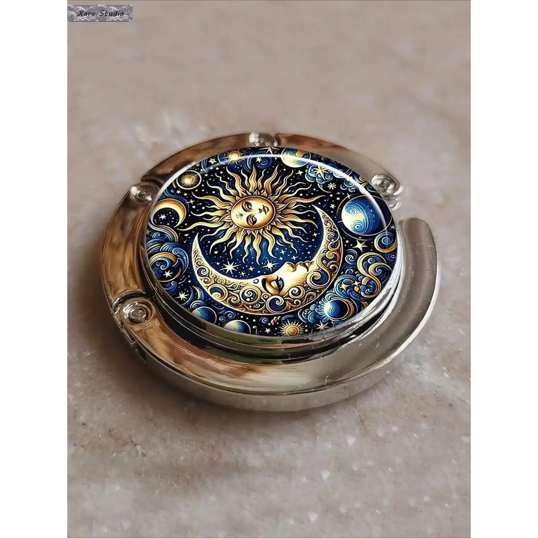 Porcelain Purse Hook for Women, Vintage Celestial Handbag Holder with Sun & Moon - Compact for Desk & Countertop, Sturdy, Cafe, Female, Fits In Most Handbags, Foldable, Bags Holder, Carry Purse Hook, Bag Accessories, Foldable Hook