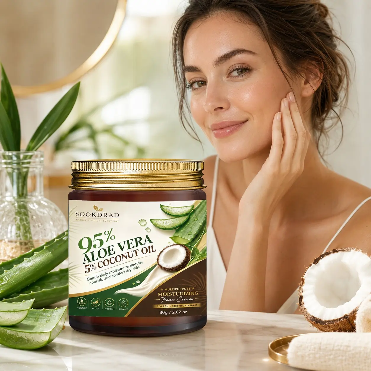 Aloe Vera Coconut Oil Moisturizing Face Cream, Soothe Dry Skin, Nourish Skin, Gentle Comfort, Soften Skin, Repair Skin, 80g / 2.82 oz