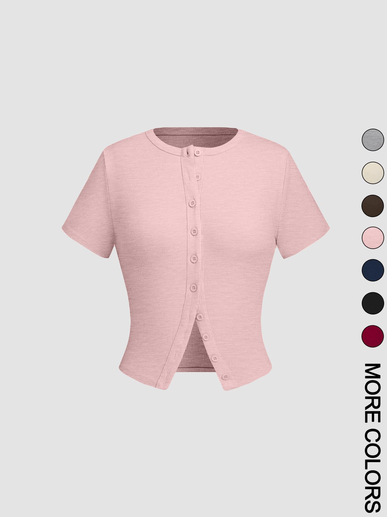 Women's Plain Button Front Crop Tee, Casual Short Sleeve T-shirt for Daily Wear, Ladies Clothes for All Seasons, Womenswear