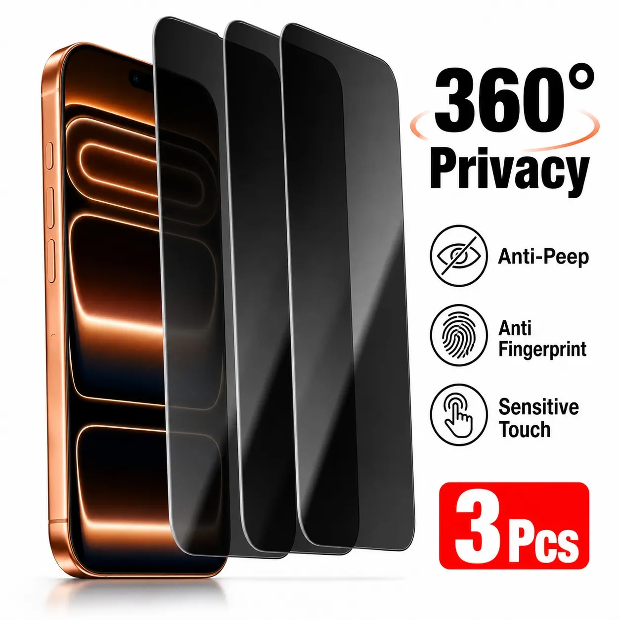 iPhone Screen Protector Set, Anti-Spy Tempered Glass Film, Fingerprints Resistant, High Sensitivity Touch, Full Privacy Protection