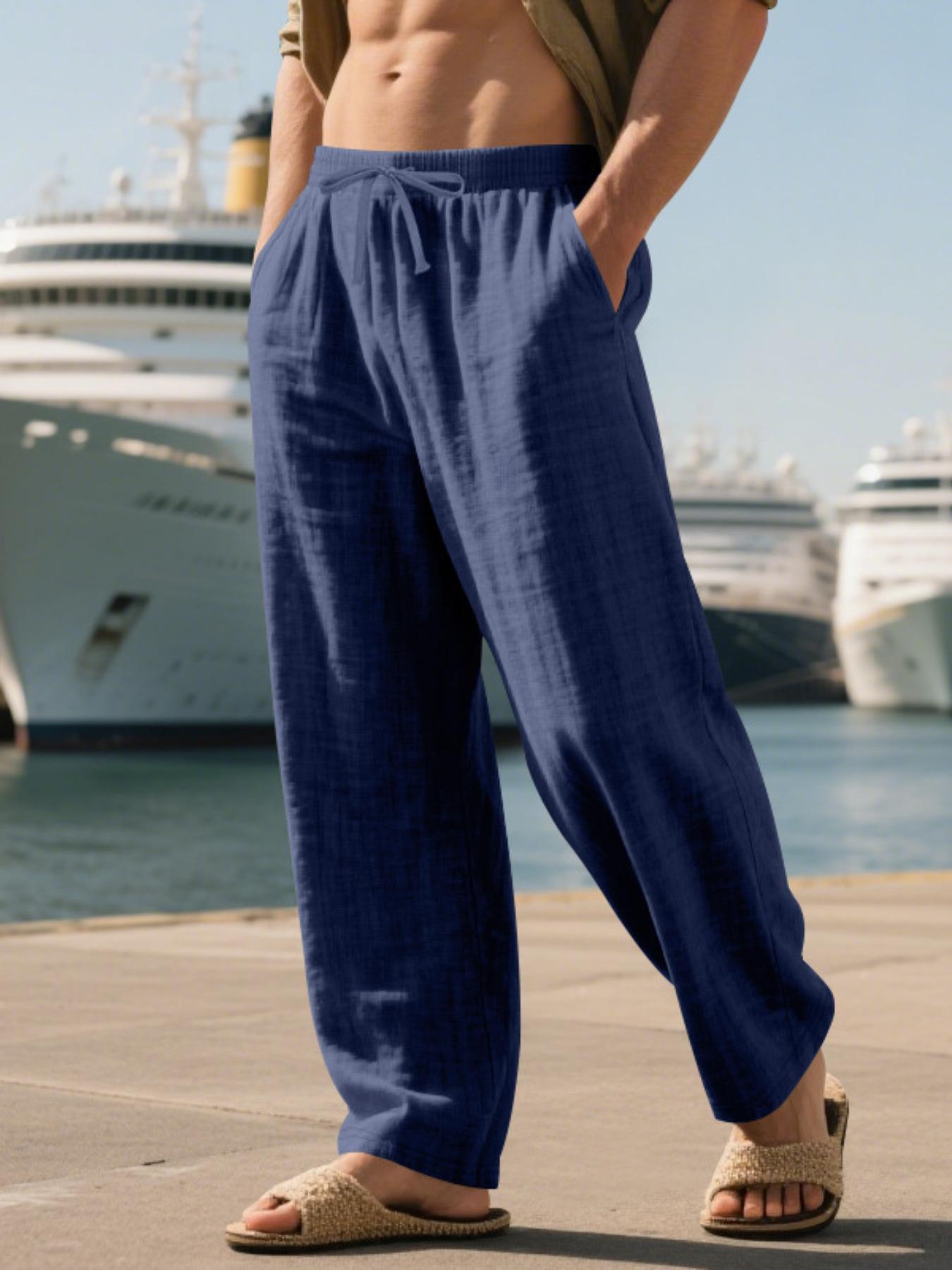 Men's Linen Long Pants, Casual Plain Trousers, Casual Loose Fit with Pockets, Spring & Fall Beach Vacation Lightweight Comfortable Breathable Fabric