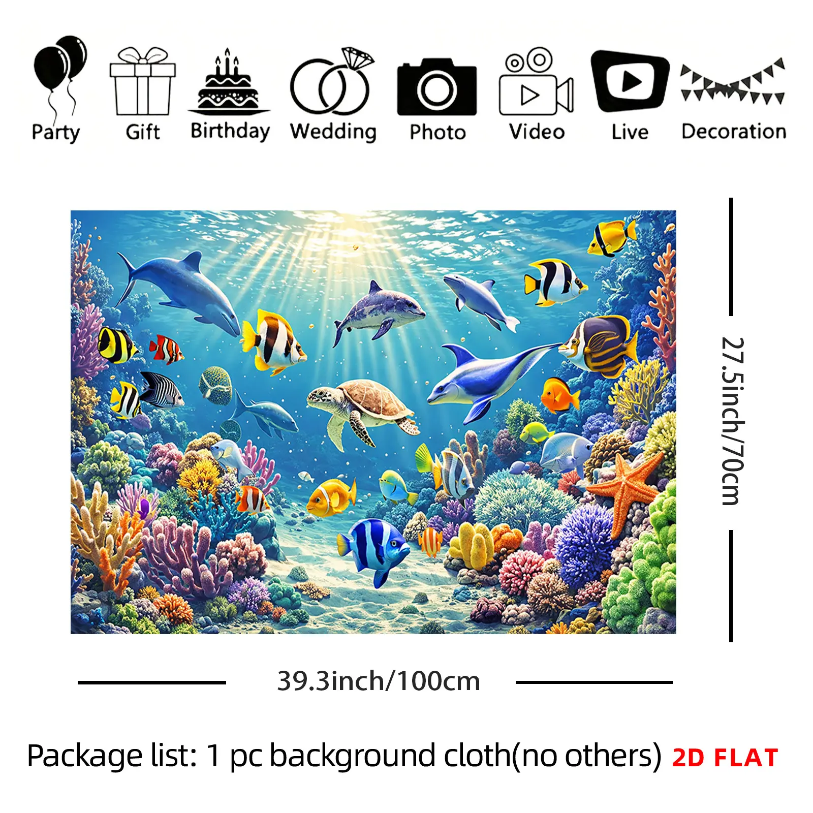 2D Flat - 2D Flat - A Tapestry Featuring a Large Or Small Design of Dolphins, Sea Turtles, Vibrant Fish, Coral Reefs, And Underwater Sun Rays, Perfect for Decorating Walls in Living Rooms, Meditation Spaces, Offices, Or for Party Decor